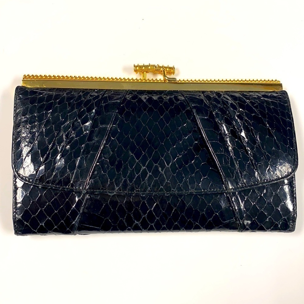 Judith Leiber Black Python Long Clutch Wallet